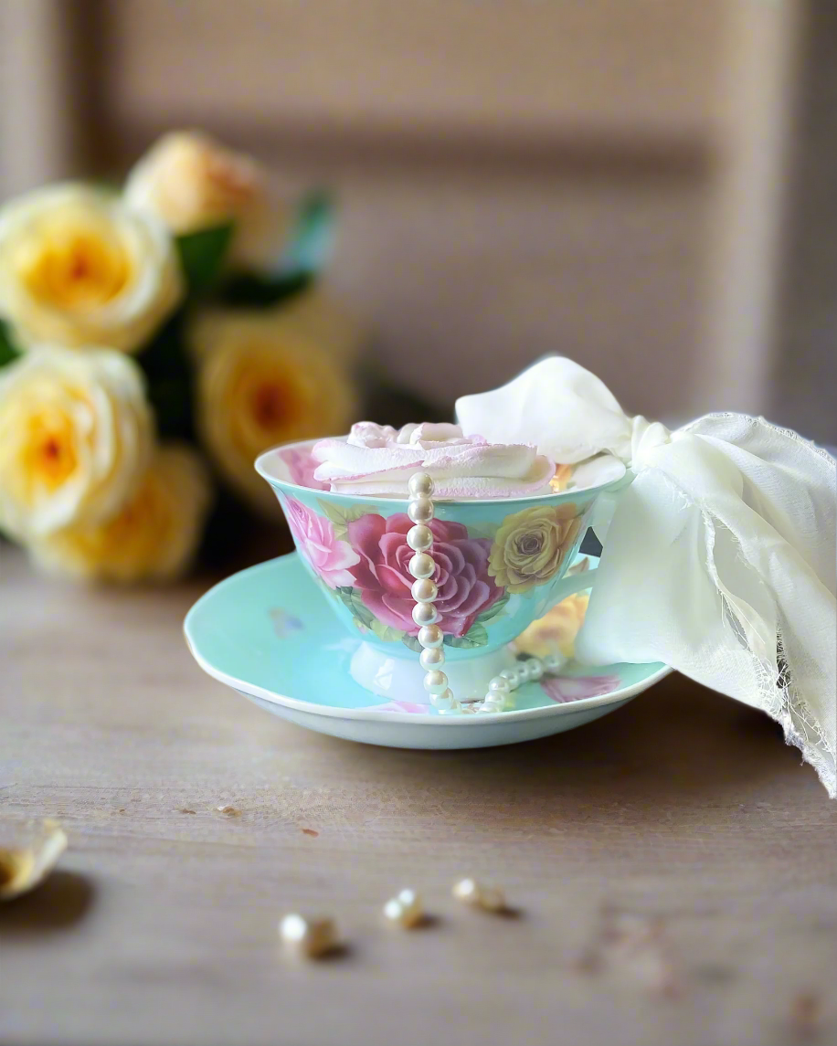 Everything Dawn Blue Pink Roses Teacup Fake Cupcake