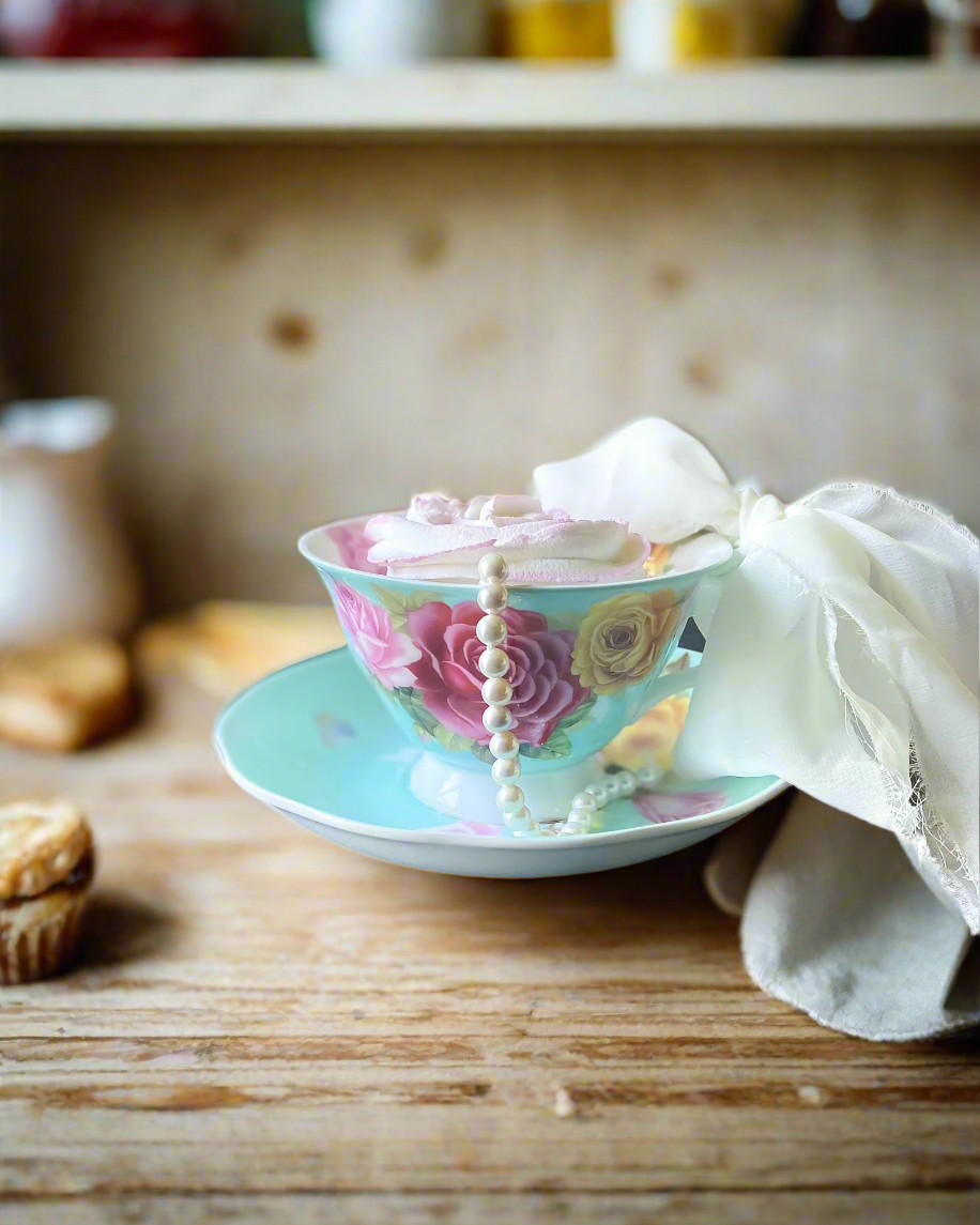 Everything Dawn Blue Pink Roses Teacup Fake Cupcake