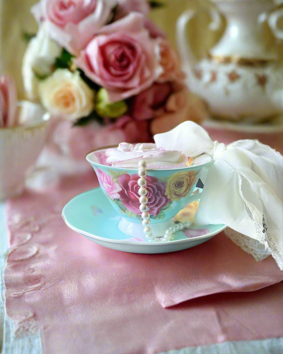 Everything Dawn Blue Pink Roses Teacup Fake Cupcake