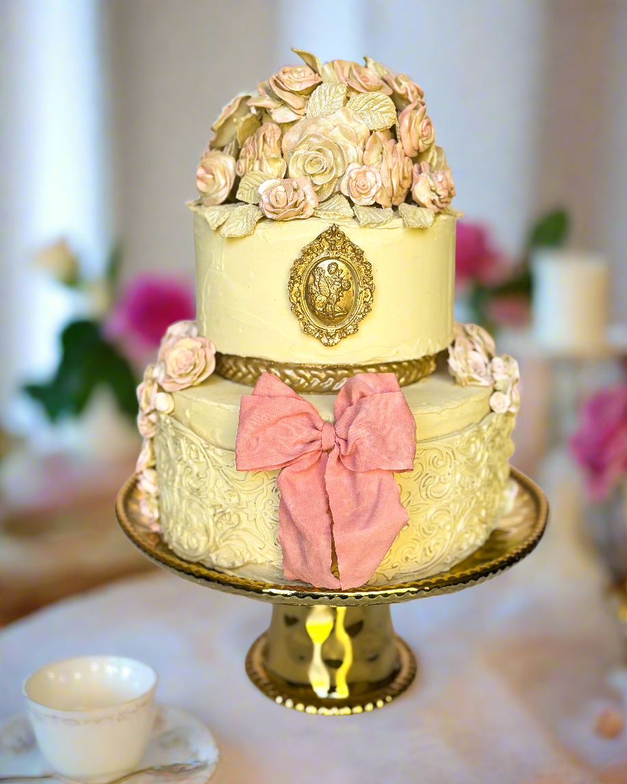 Everything Dawn Fake Cake Jane Austen-Inspired Pink and Gold Faux Cake with Porcelain Flowers – Elegant Two-Tier Design