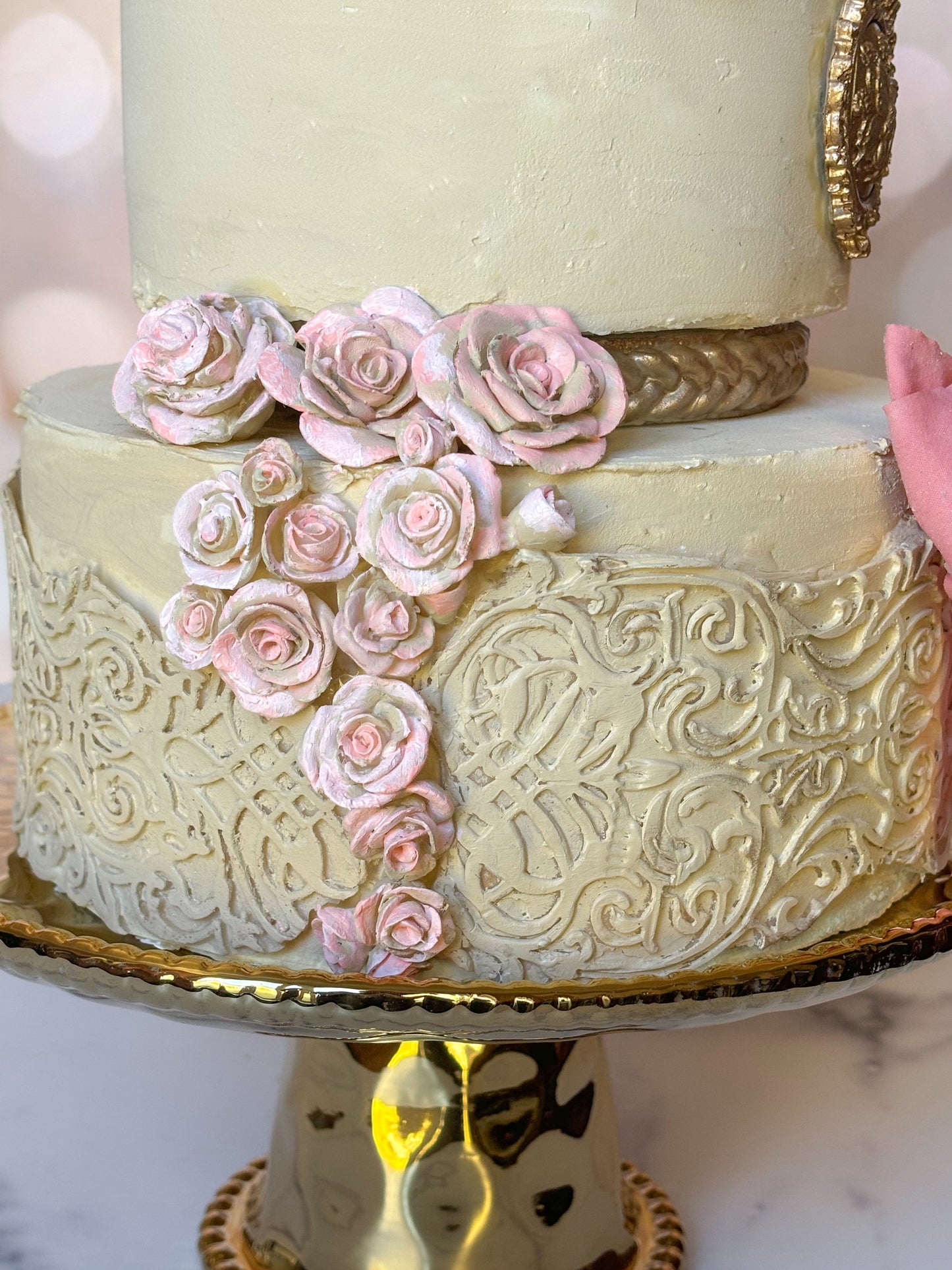 Everything Dawn Fake Cake Jane Austen-Inspired Pink and Gold Faux Cake with Porcelain Flowers – Elegant Two-Tier Design