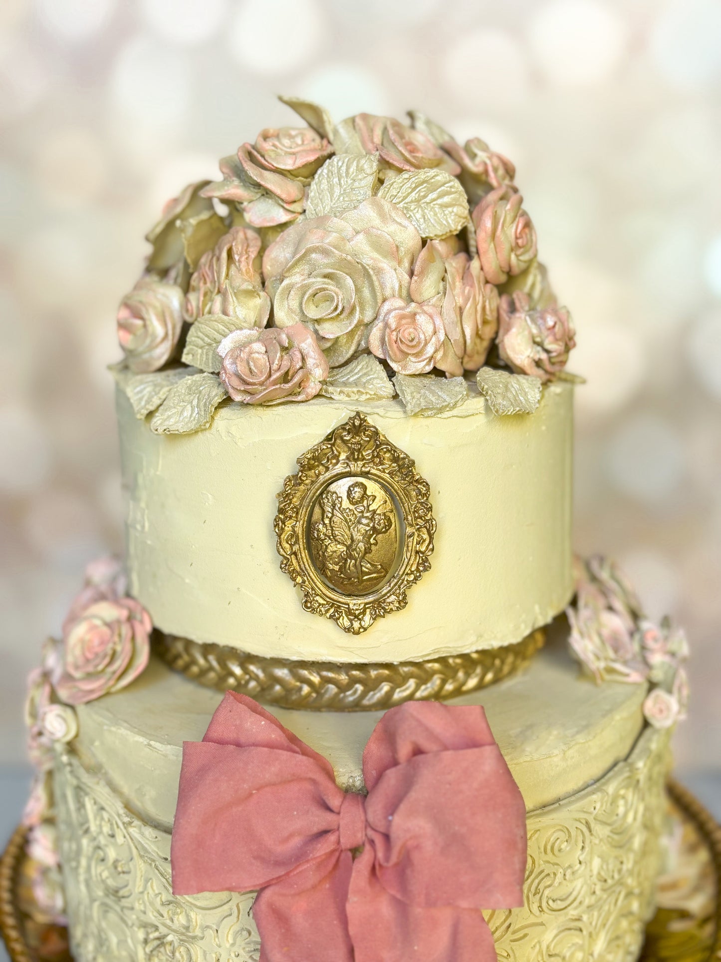 Everything Dawn Fake Cake Jane Austen-Inspired Pink and Gold Faux Cake with Porcelain Flowers – Elegant Two-Tier Design