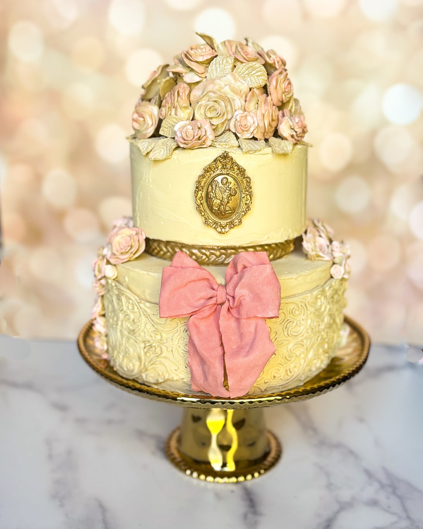 Everything Dawn Fake Cake Jane Austen-Inspired Pink and Gold Faux Cake with Porcelain Flowers – Elegant Two-Tier Design