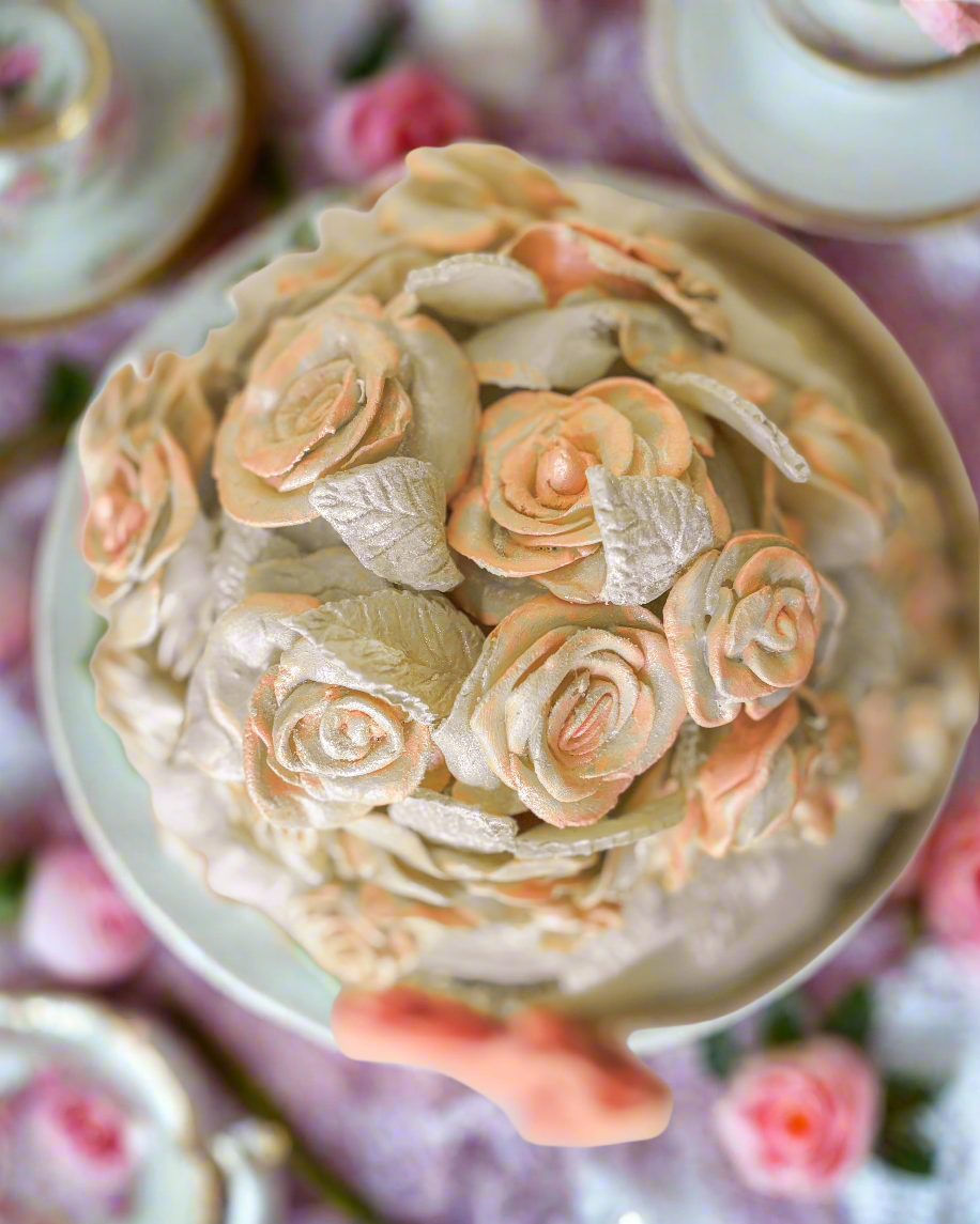 Everything Dawn Fake Cake Jane Austen-Inspired Pink and Gold Faux Cake with Porcelain Flowers – Elegant Two-Tier Design