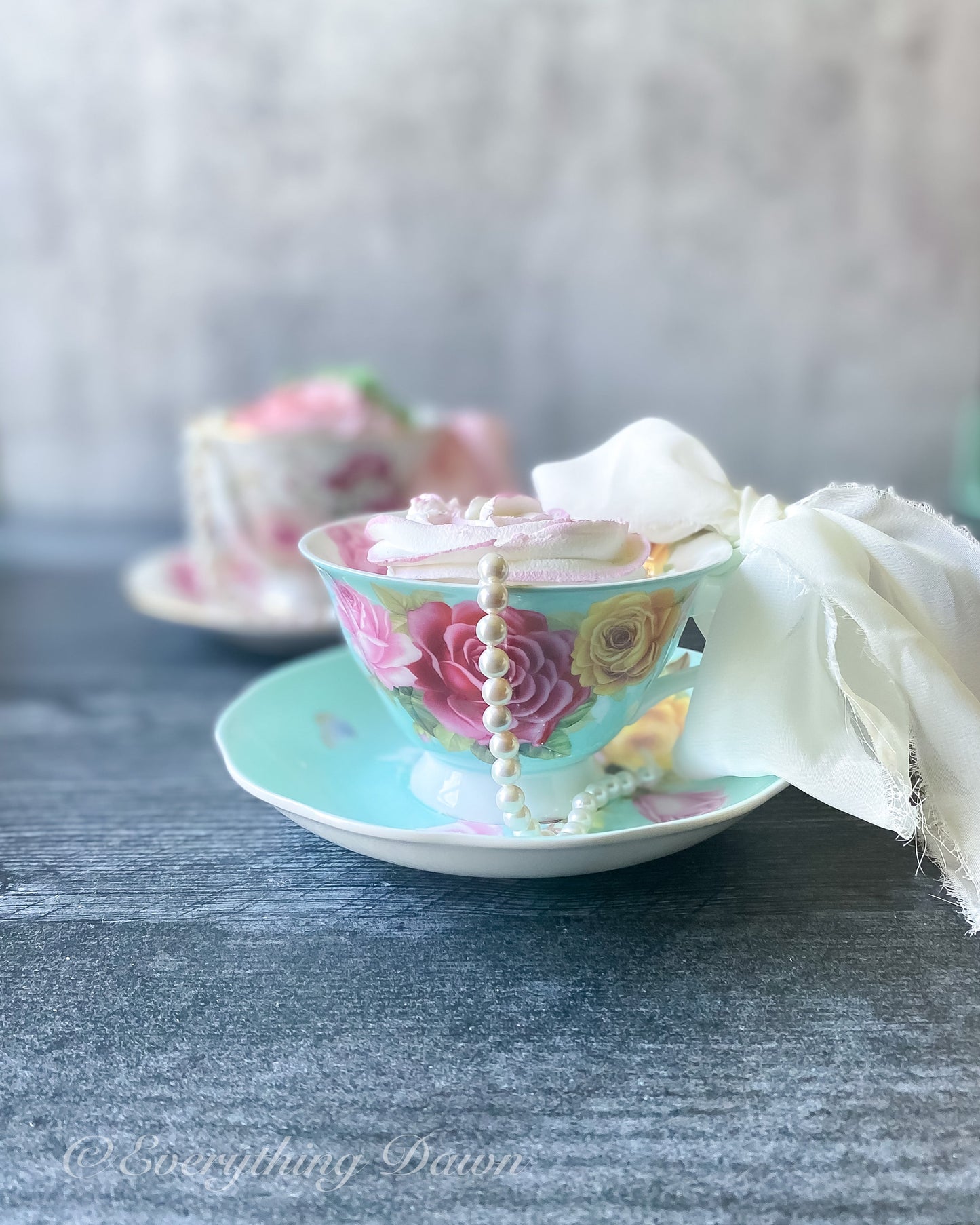 Everything Dawn Blue Pink Roses Teacup Fake Cupcake