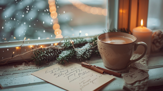 Coffee mug sitting on a rustic wooden table in front of a window. A candle is lit beside the cup and greenery sprigs lay in front of a hand written letter. Snow is falling outside the window a front the table.