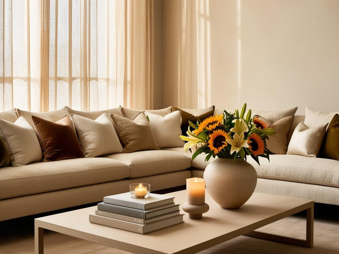 Neutral beige sofa with neutral pillows and a beige wood coffee table with stacked books, candles and a vase of mixed florals