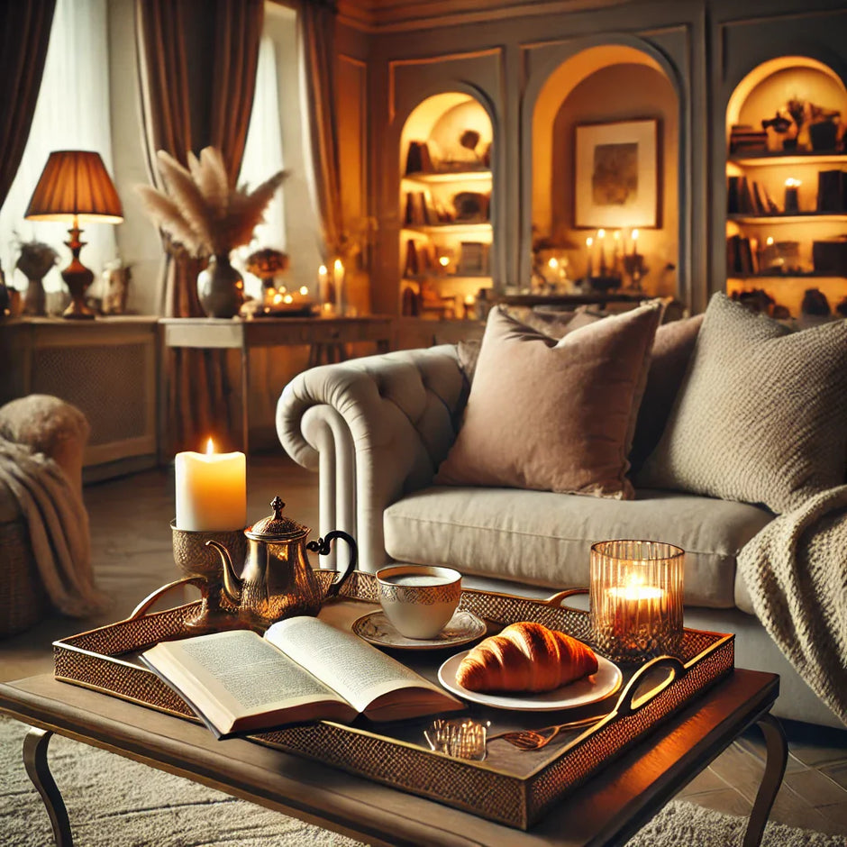 living room with gold tray holding a fake croissant, candles a book and a cup of coffee