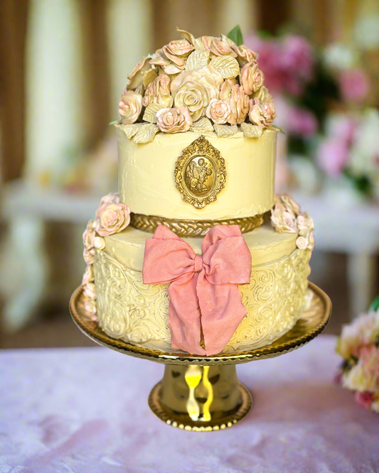 Everything Dawn Fake Cake Jane Austen-Inspired Pink and Gold Faux Cake with Porcelain Flowers – Elegant Two-Tier Design