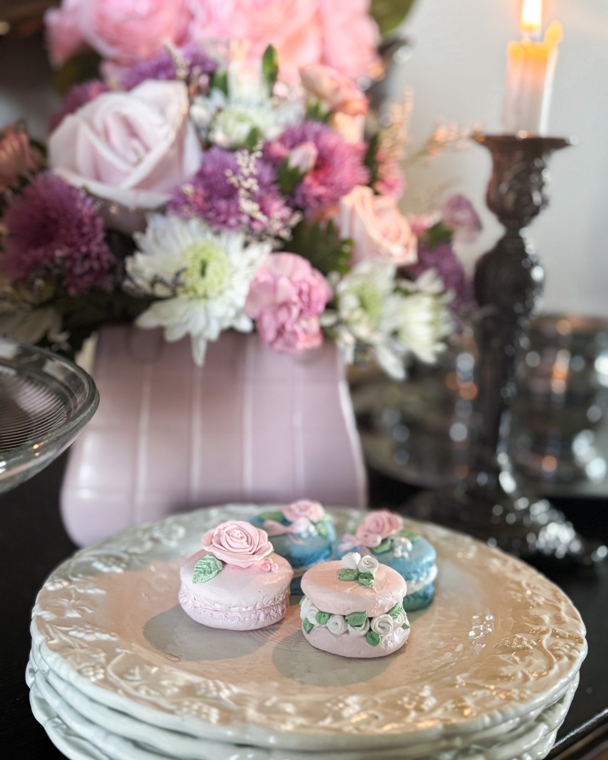 Everything Dawn Pink Faux Macaron Roses Set of 4